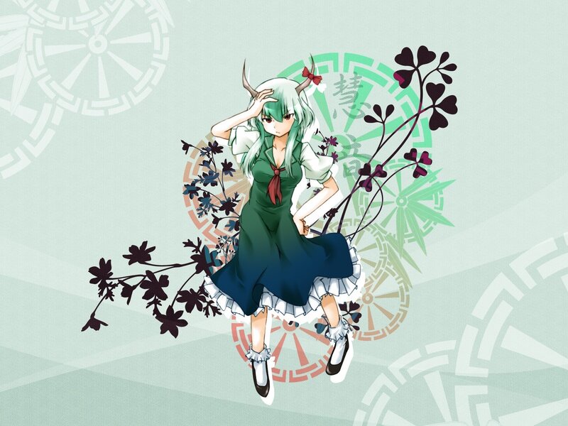 green-haired anime girl with horns