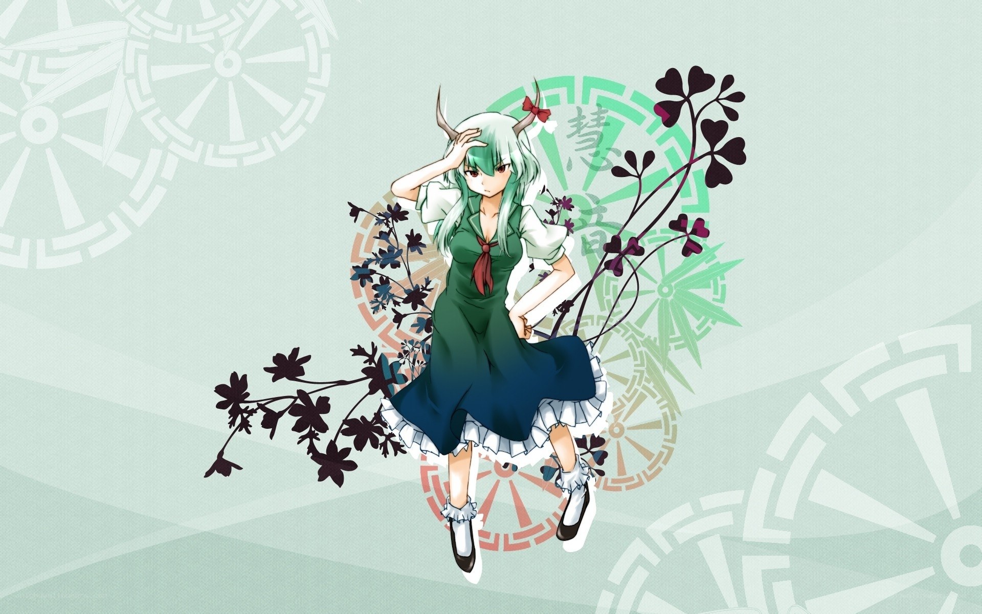 green-haired anime girl with horns