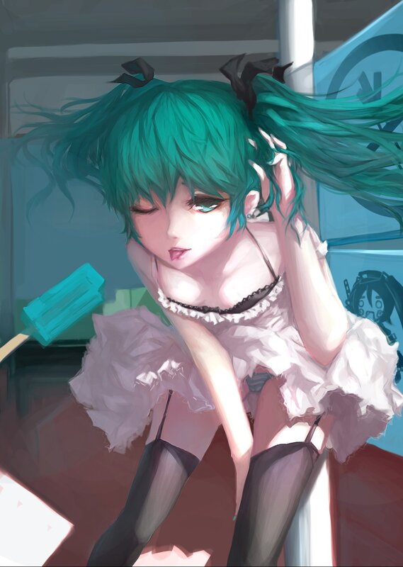 green-haired anime girl with ice cream