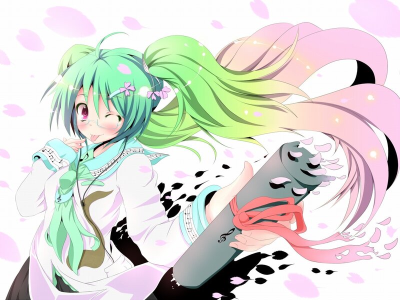 green-haired anime girl with instrument