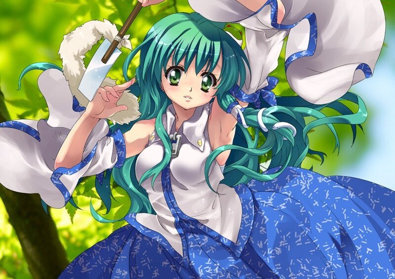 green-haired anime girl with knife