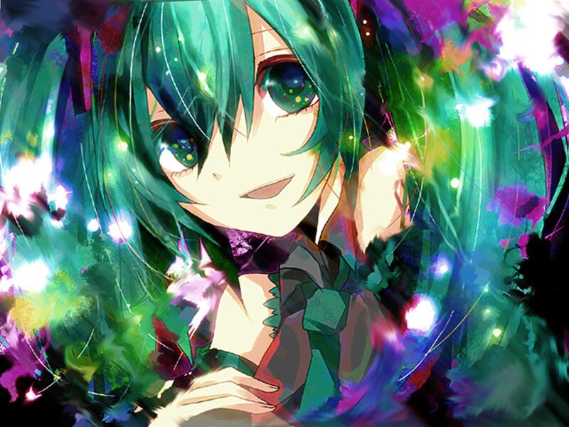 green-haired anime girl with lights