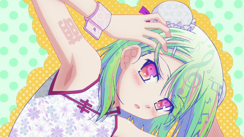 green-haired anime girl with music notes