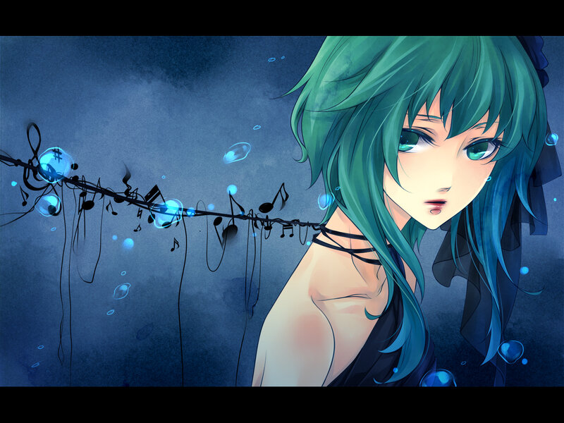 green-haired anime girl with music notes
