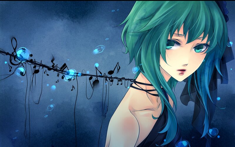 green-haired anime girl with music notes