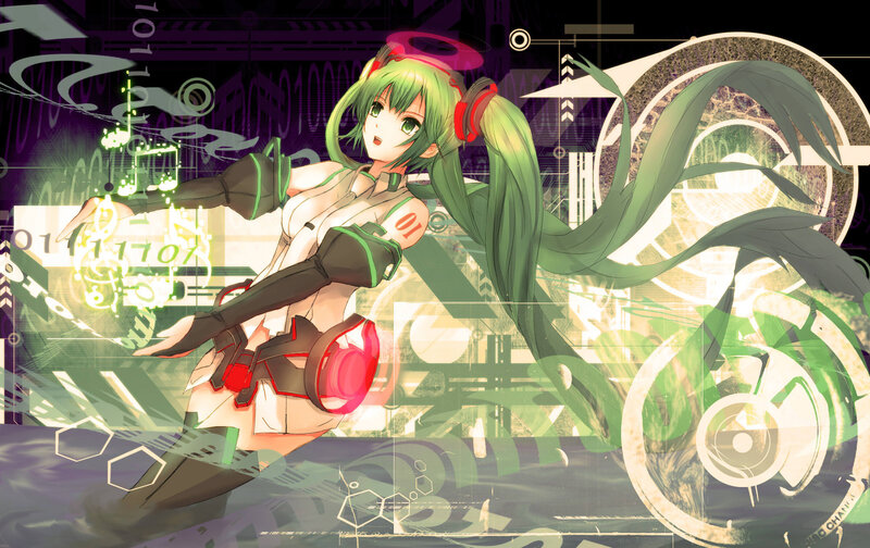 green-haired anime girl with music notes