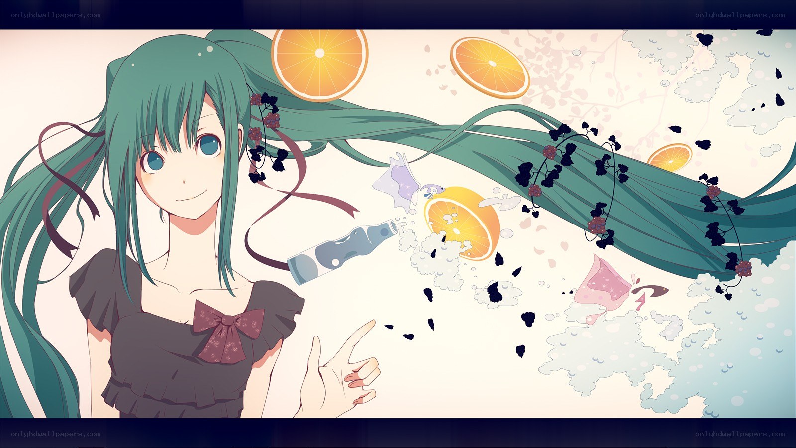 green-haired anime girl with oranges
