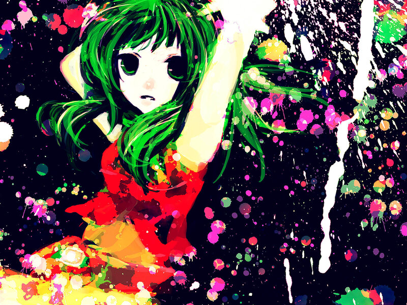 green-haired anime girl with paint splatters