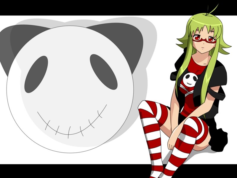 green-haired anime girl with panda mask
