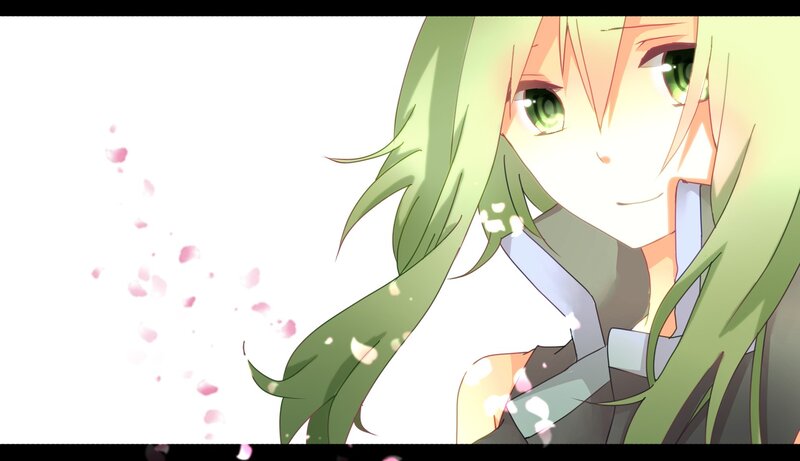 green-haired anime girl with petals