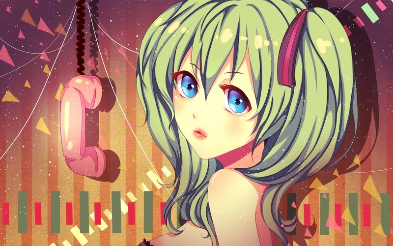 green-haired anime girl with phone