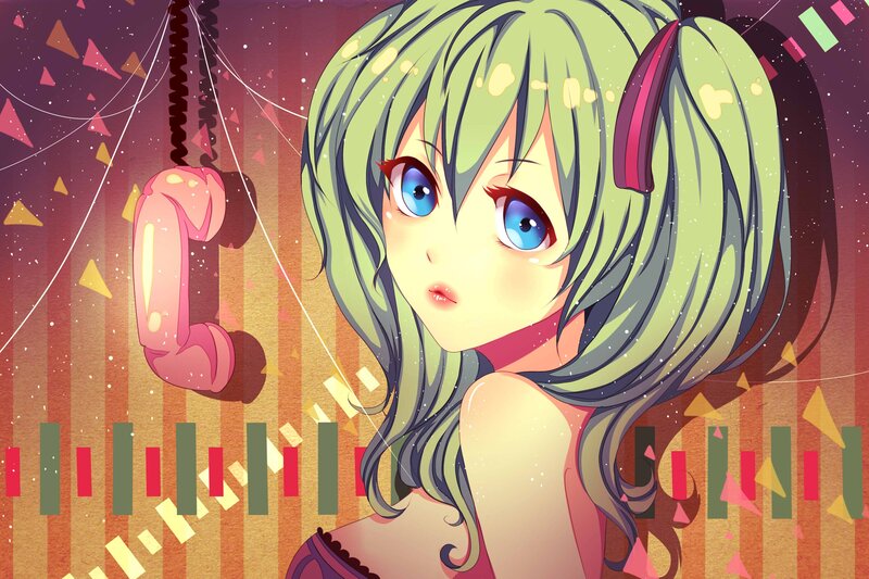 green-haired anime girl with phone