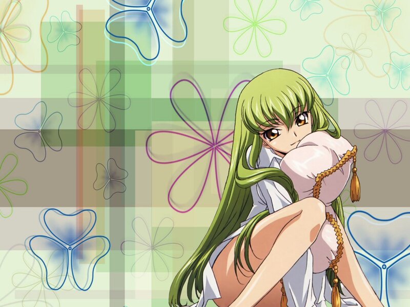 Green-haired anime girl with pillow