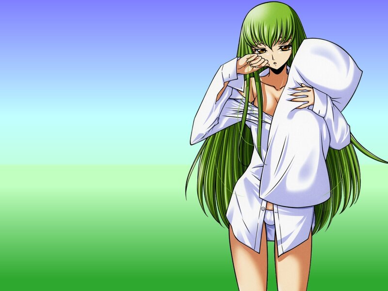green-haired anime girl with pillow
