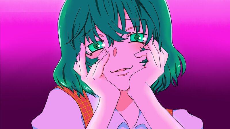 green-haired anime girl with pink background
