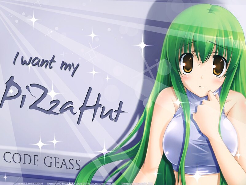 Green-haired anime girl with pizza quote