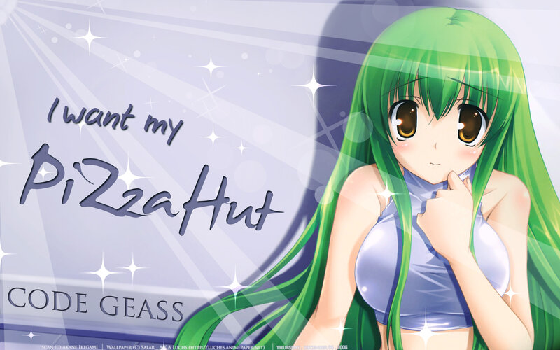 Green-haired anime girl with pizza quote