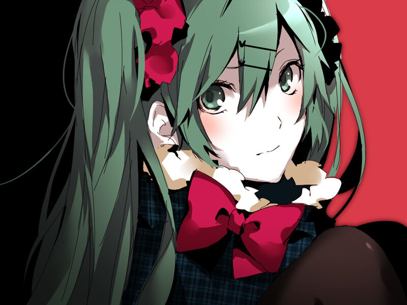 green-haired anime girl with red bow