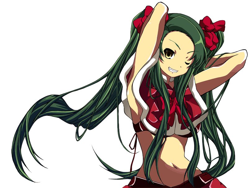 green-haired anime girl with red bows