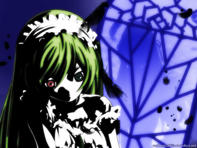 green-haired anime girl with red eye