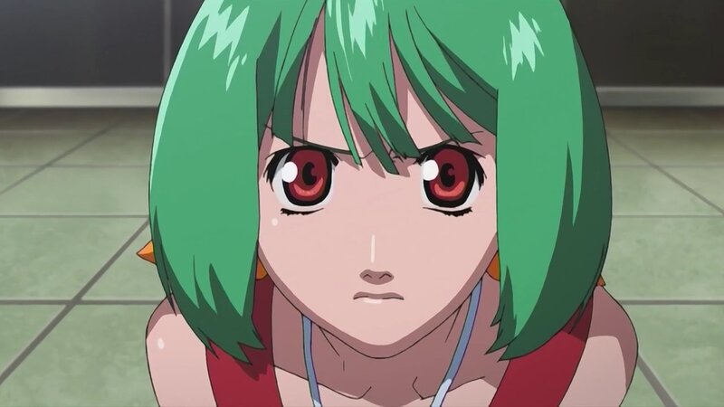 green-haired anime girl with red eyes