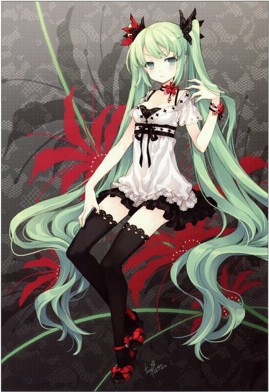 green-haired anime girl with red flowers