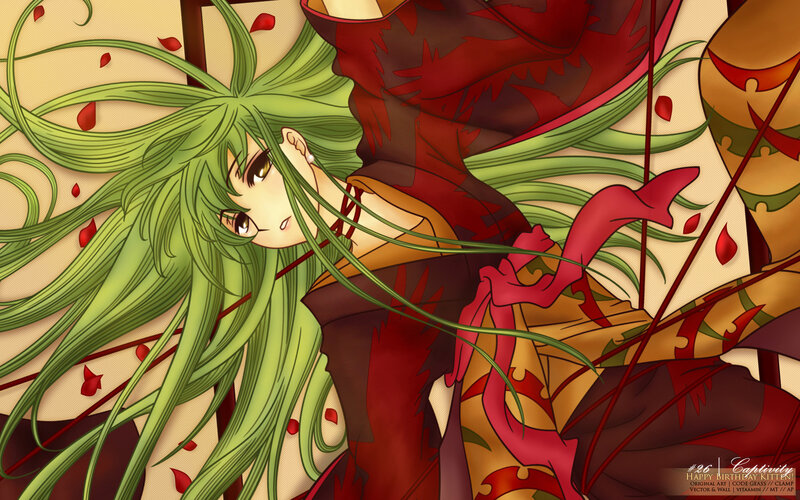 green-haired anime girl with red petals