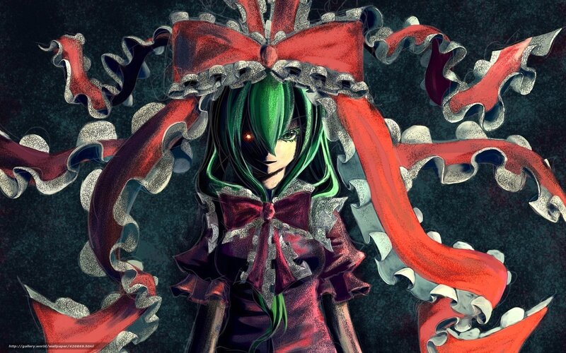 green-haired anime girl with red ribbons