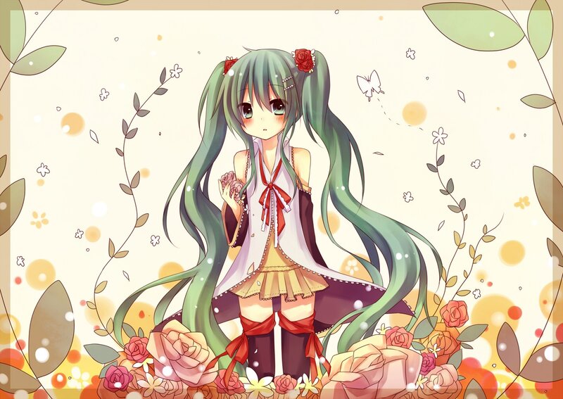 green-haired anime girl with roses