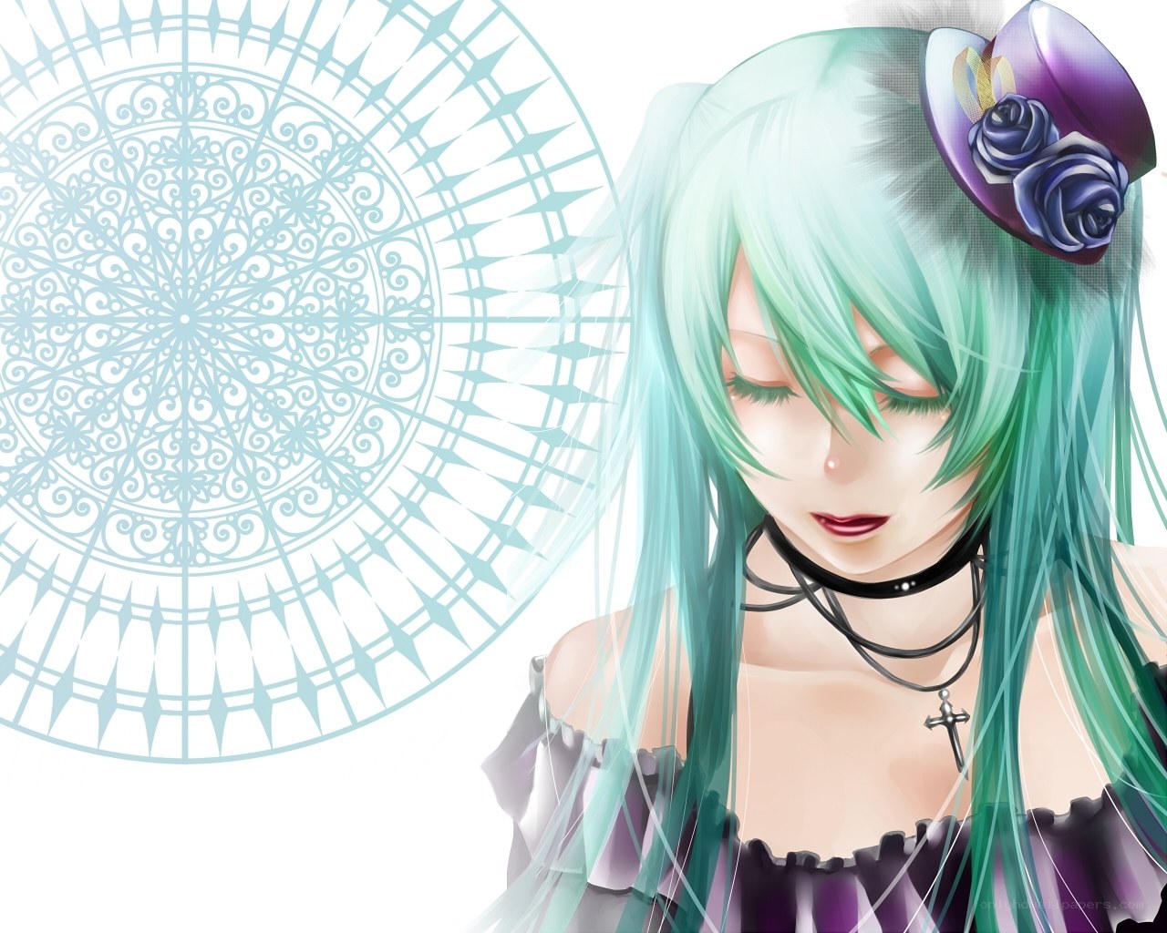 green-haired anime girl with roses