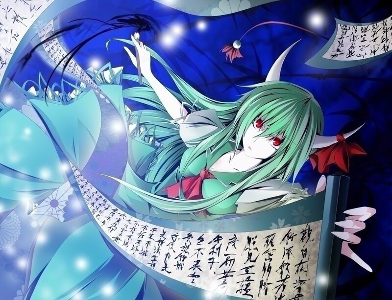 green-haired anime girl with scrolls