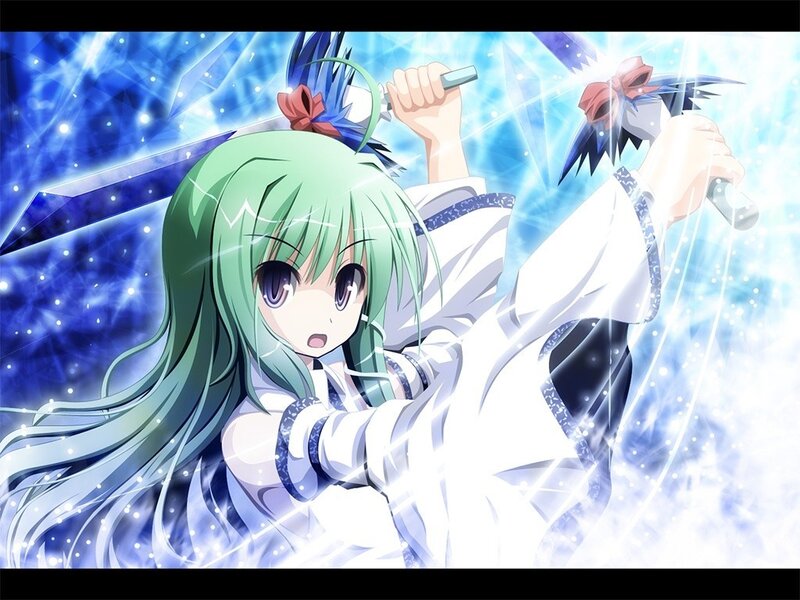 green-haired anime girl with swords