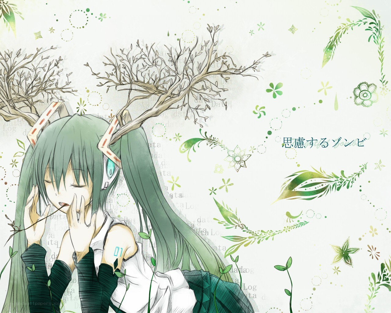 Green-haired anime girl with tree branches