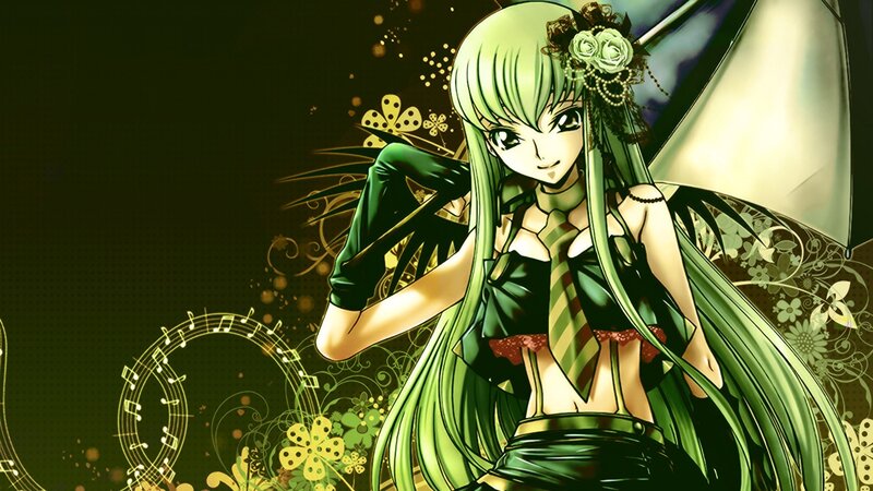 green-haired anime girl with umbrella