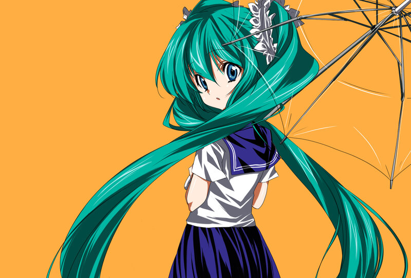 green-haired anime girl with umbrella