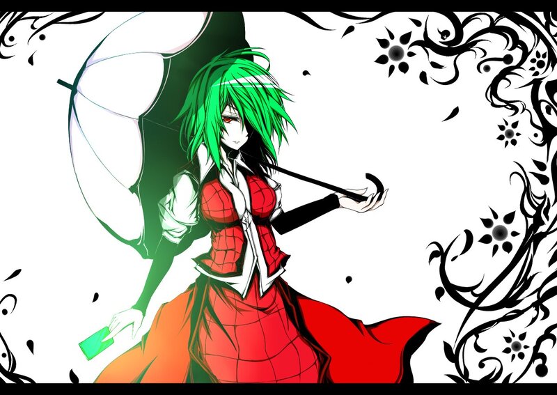 green-haired anime girl with umbrella