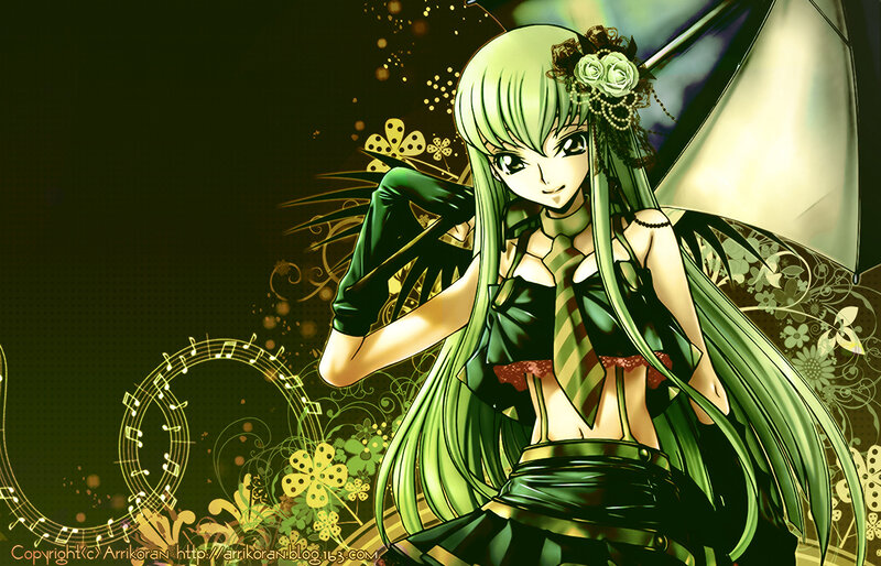 green-haired anime girl with umbrella