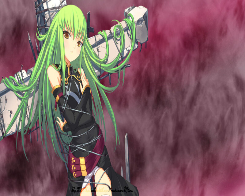 green-haired anime girl with weapon