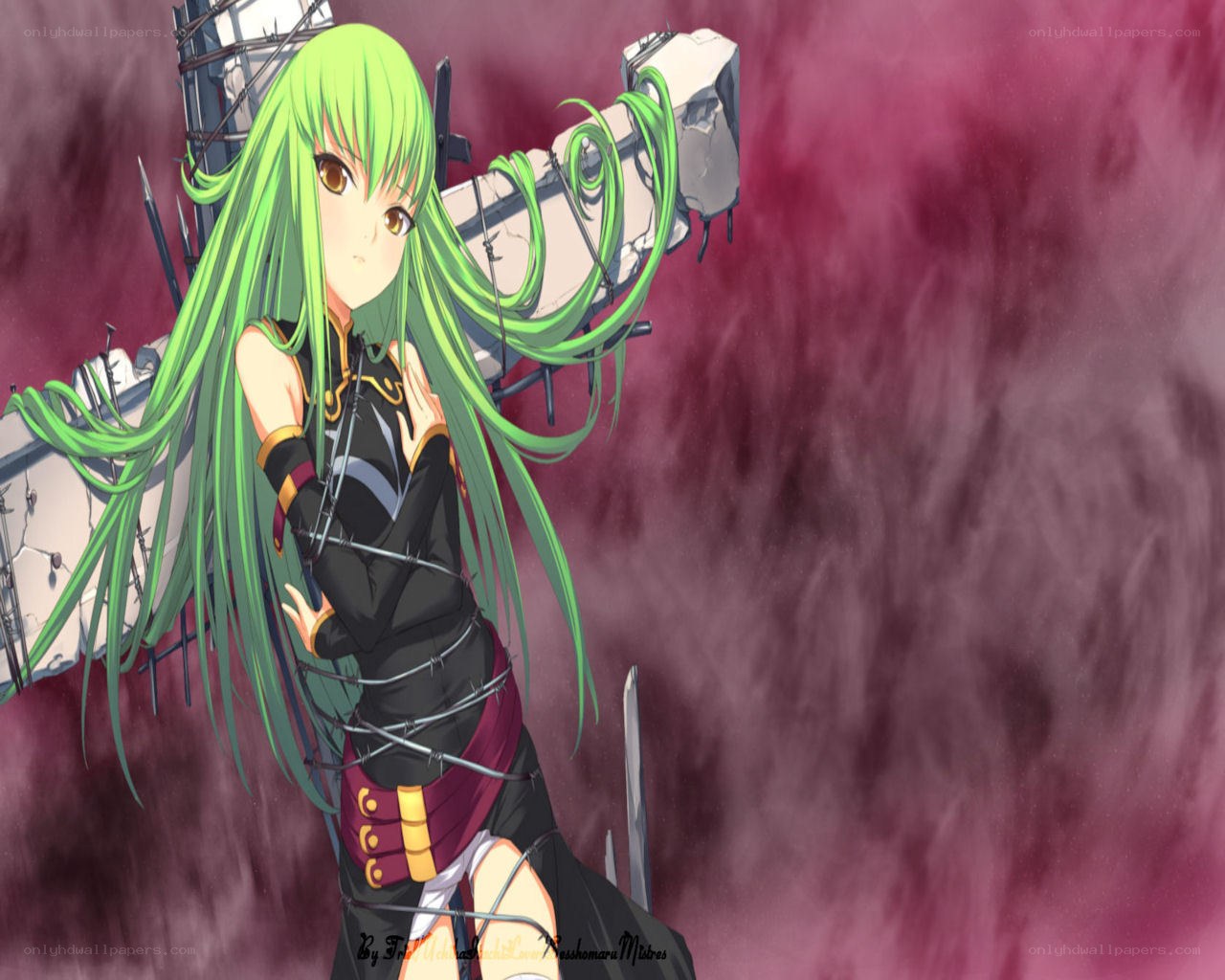 green-haired anime girl with weapon