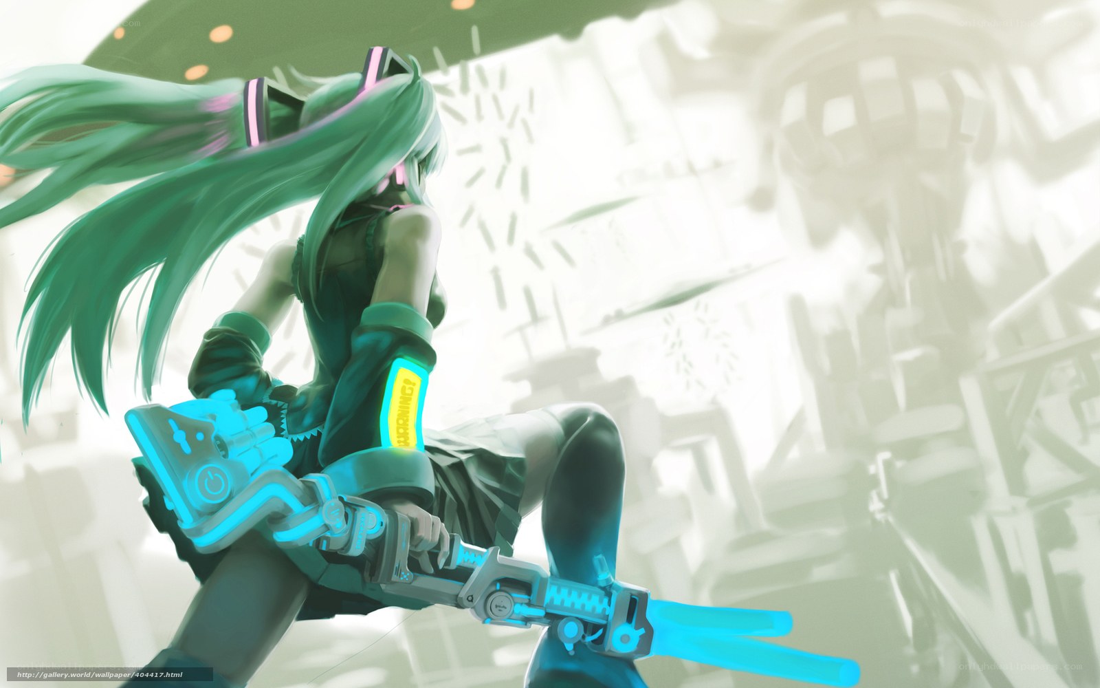 green-haired anime girl with weapon