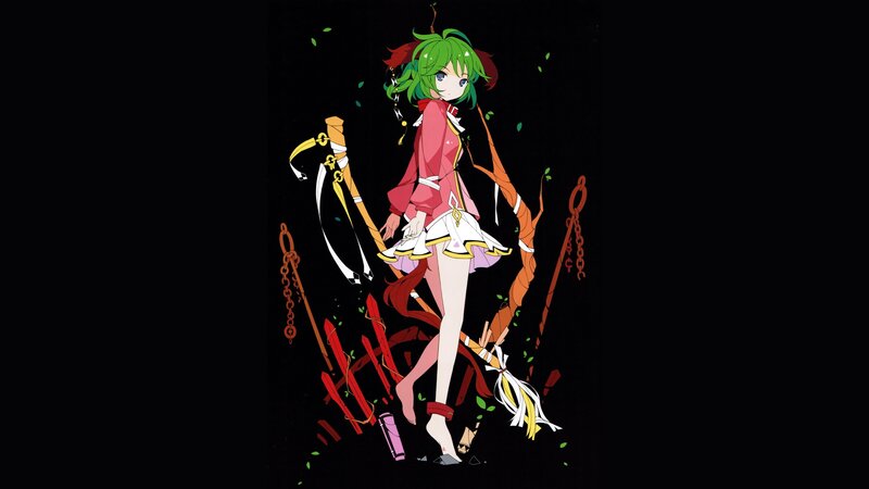 green-haired anime girl with weapons