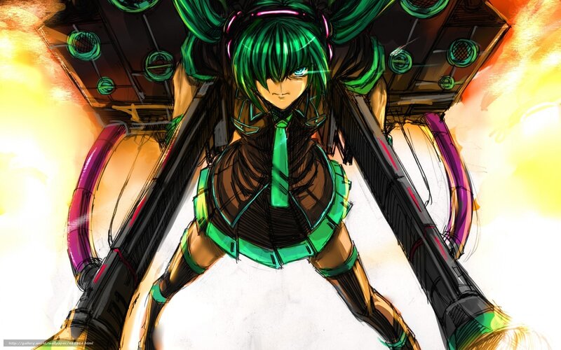 green-haired anime girl with weapons