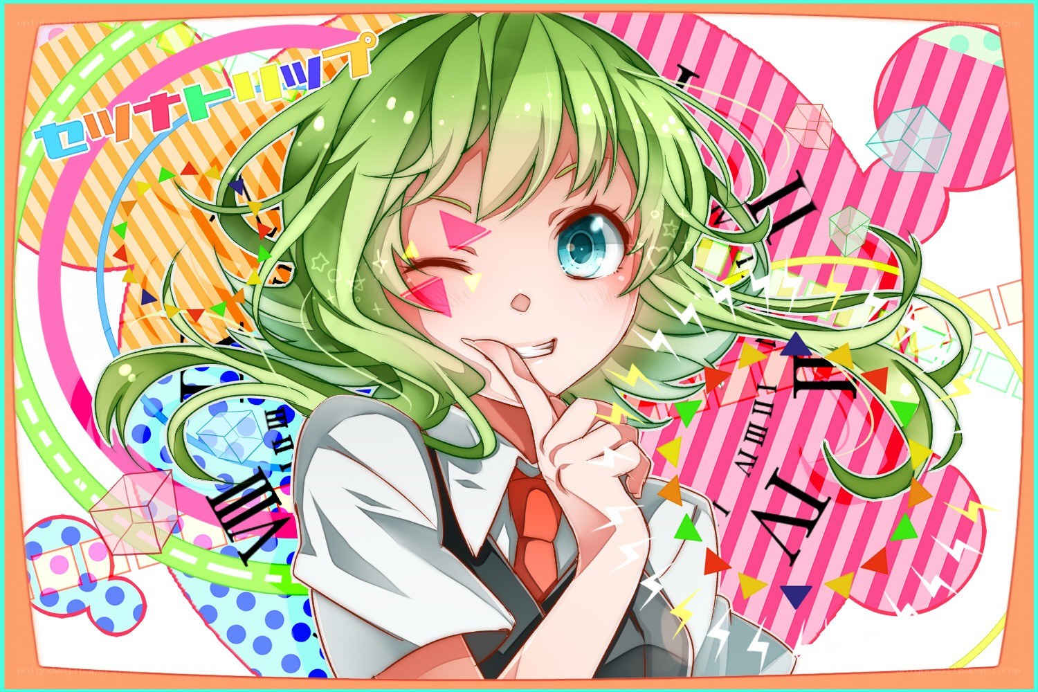 green-haired anime girl with winking eye