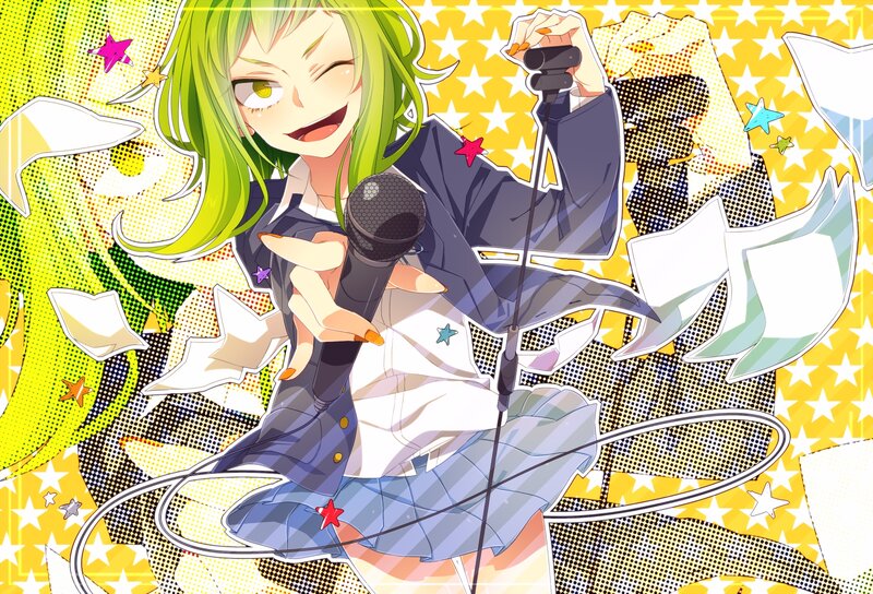 Green-haired Anime Girl — Yellow, Energetic, Microphone