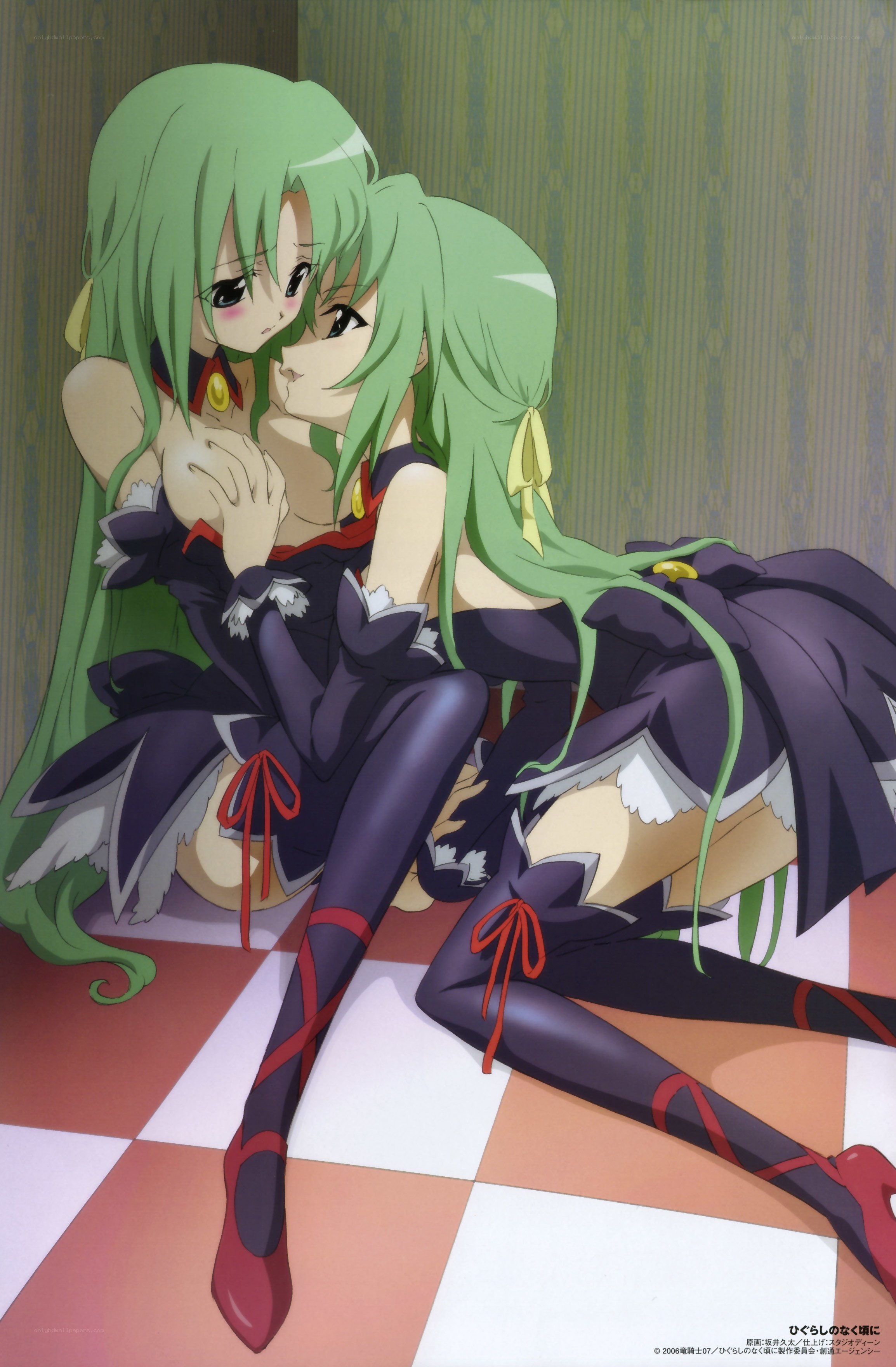 green-haired anime girls embracing