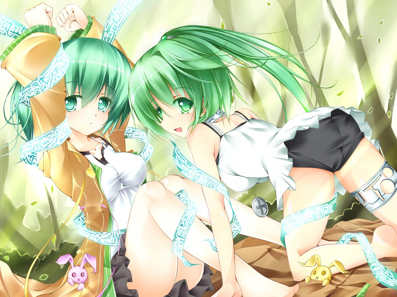 Green-haired anime girls in forest