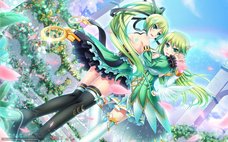 Green-haired anime girls in garden