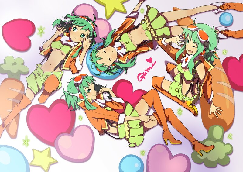 Green-haired anime girls in playful poses