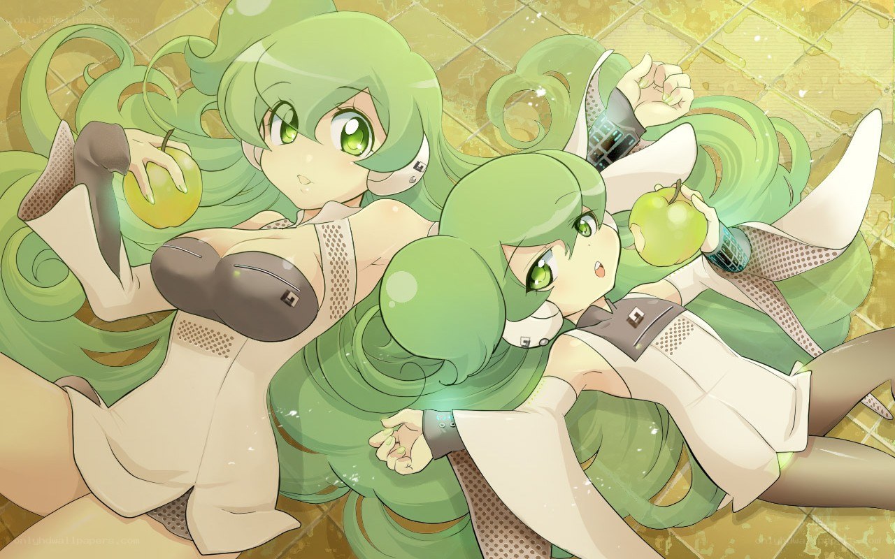 green-haired anime girls with apples