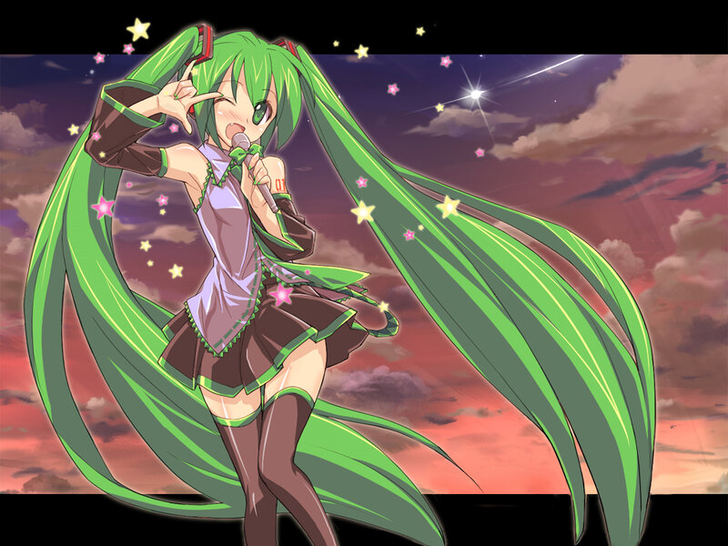 Green-haired Anime Singer — Green, Dramatic, Sunset